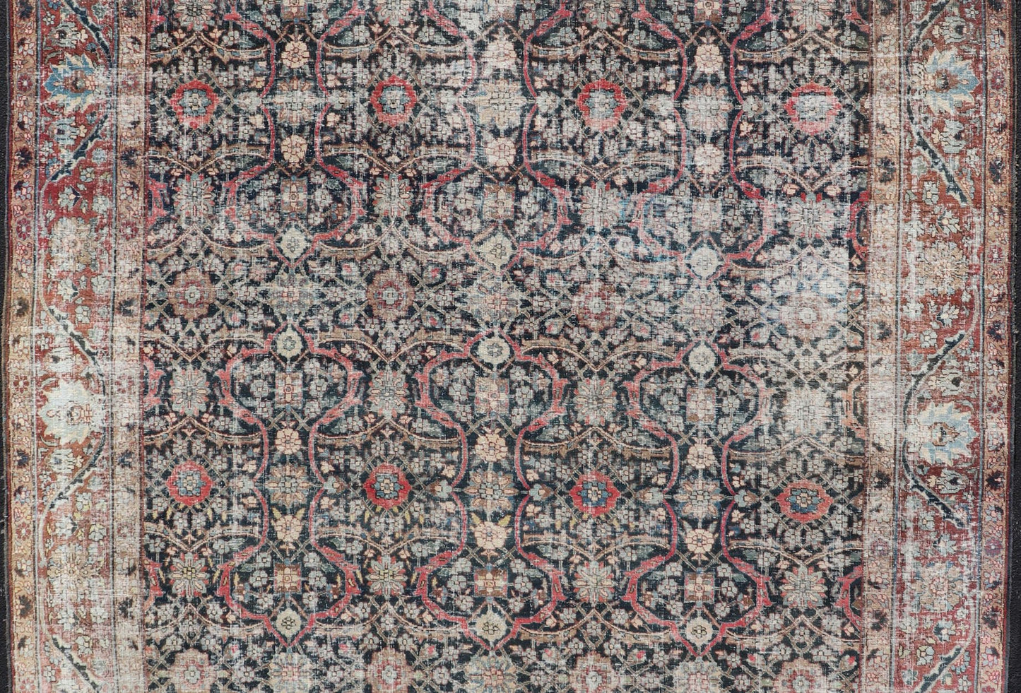 Large Antique Persian Large Tabriz Carpet with All Over Geometric Design, Large Persian Tabriz Antique Persian Tabriz Carpet with Geometric Design in Blue, charcoal, brown, soft Red, butter, green, cream and light blue. Keivan Woven Arts / rug W... - Keivan Woven ArtsW22 - 0803 - 22632Rug