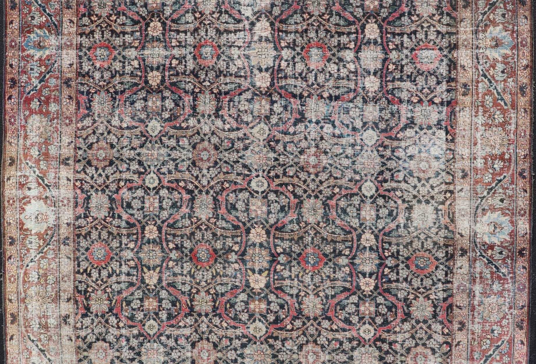 Large Antique Persian Large Tabriz Carpet with All Over Geometric Design, Large Persian Tabriz Antique Persian Tabriz Carpet with Geometric Design in Blue, charcoal, brown, soft Red, butter, green, cream and light blue. Keivan Woven Arts / rug W... - Keivan Woven ArtsW22 - 0803 - 22632Rug