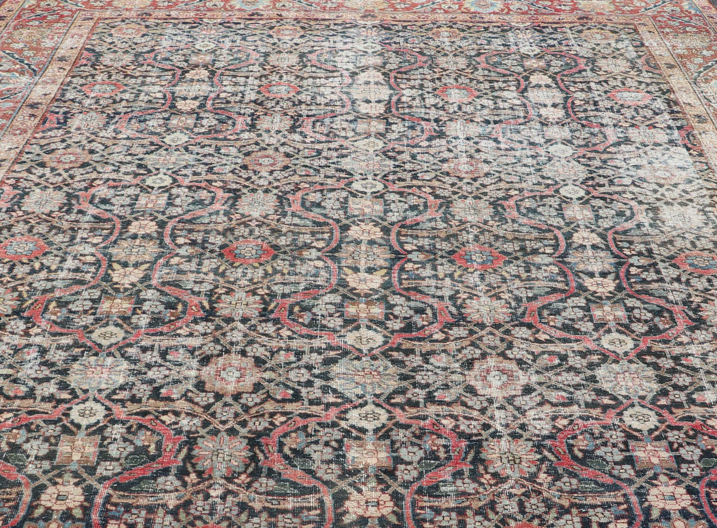 Large Antique Persian Large Tabriz Carpet with All Over Geometric Design, Large Persian Tabriz Antique Persian Tabriz Carpet with Geometric Design in Blue, charcoal, brown, soft Red, butter, green, cream and light blue. Keivan Woven Arts / rug W... - Keivan Woven ArtsW22 - 0803 - 22632