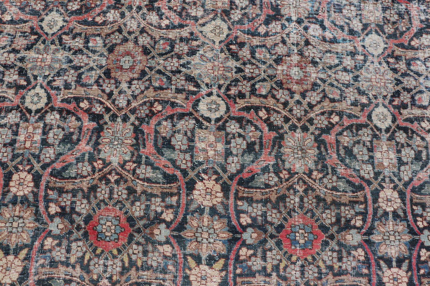Large Antique Persian Large Tabriz Carpet with All Over Geometric Design, Large Persian Tabriz Antique Persian Tabriz Carpet with Geometric Design in Blue, charcoal, brown, soft Red, butter, green, cream and light blue. Keivan Woven Arts / rug W... - Keivan Woven ArtsW22 - 0803 - 22632Rug