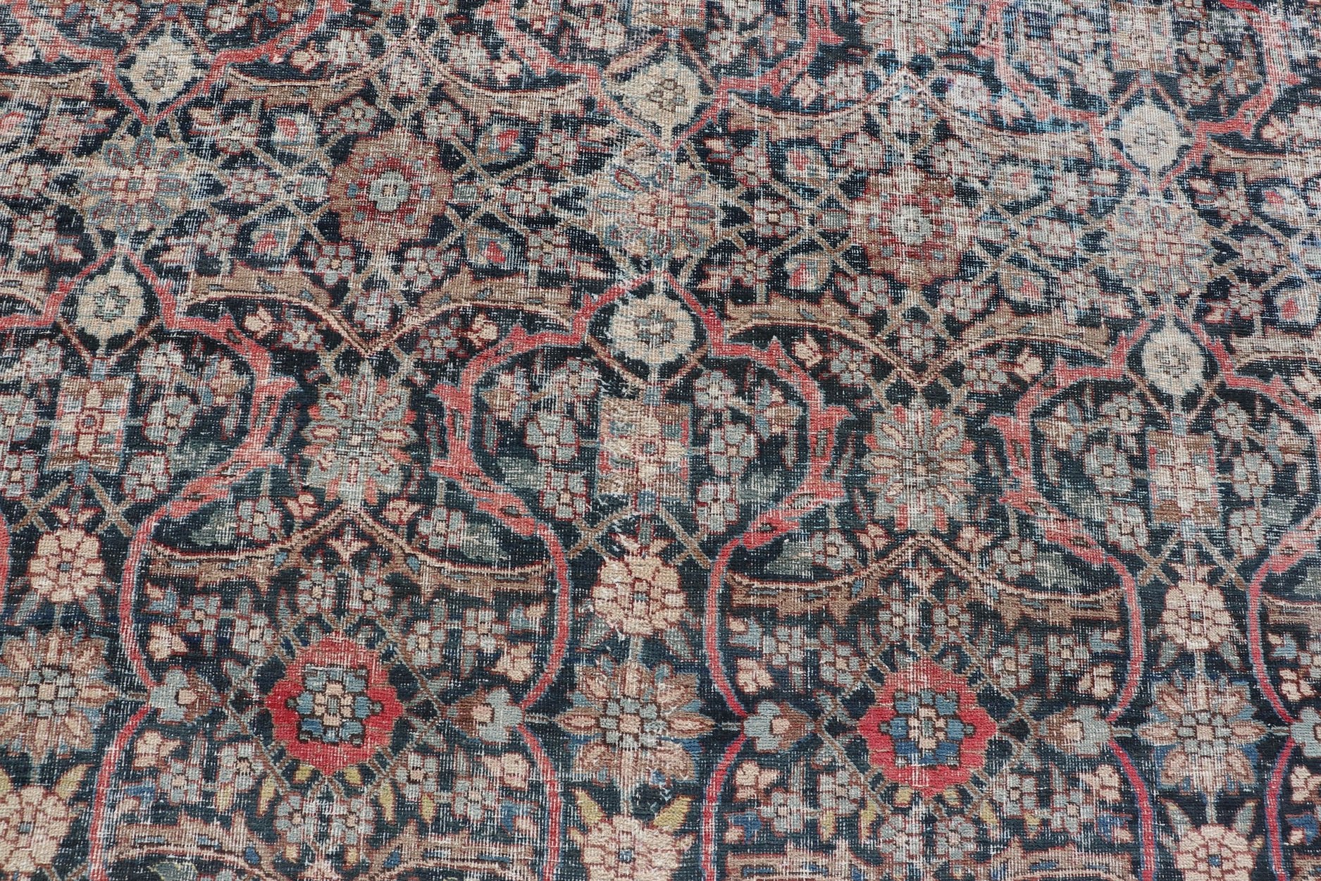 Large Antique Persian Large Tabriz Carpet with All Over Geometric Design, Large Persian Tabriz Antique Persian Tabriz Carpet with Geometric Design in Blue, charcoal, brown, soft Red, butter, green, cream and light blue. Keivan Woven Arts / rug W... - Keivan Woven ArtsW22 - 0803 - 22632Rug