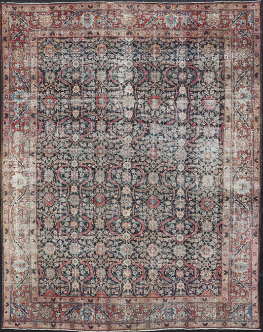 Large Antique Persian Large Tabriz Carpet with All Over Geometric Design, Large Persian Tabriz Antique Persian Tabriz Carpet with Geometric Design in Blue, charcoal, brown, soft Red, butter, green, cream and light blue. Keivan Woven Arts / rug W... - Keivan Woven ArtsW22 - 0803 - 22632Rug