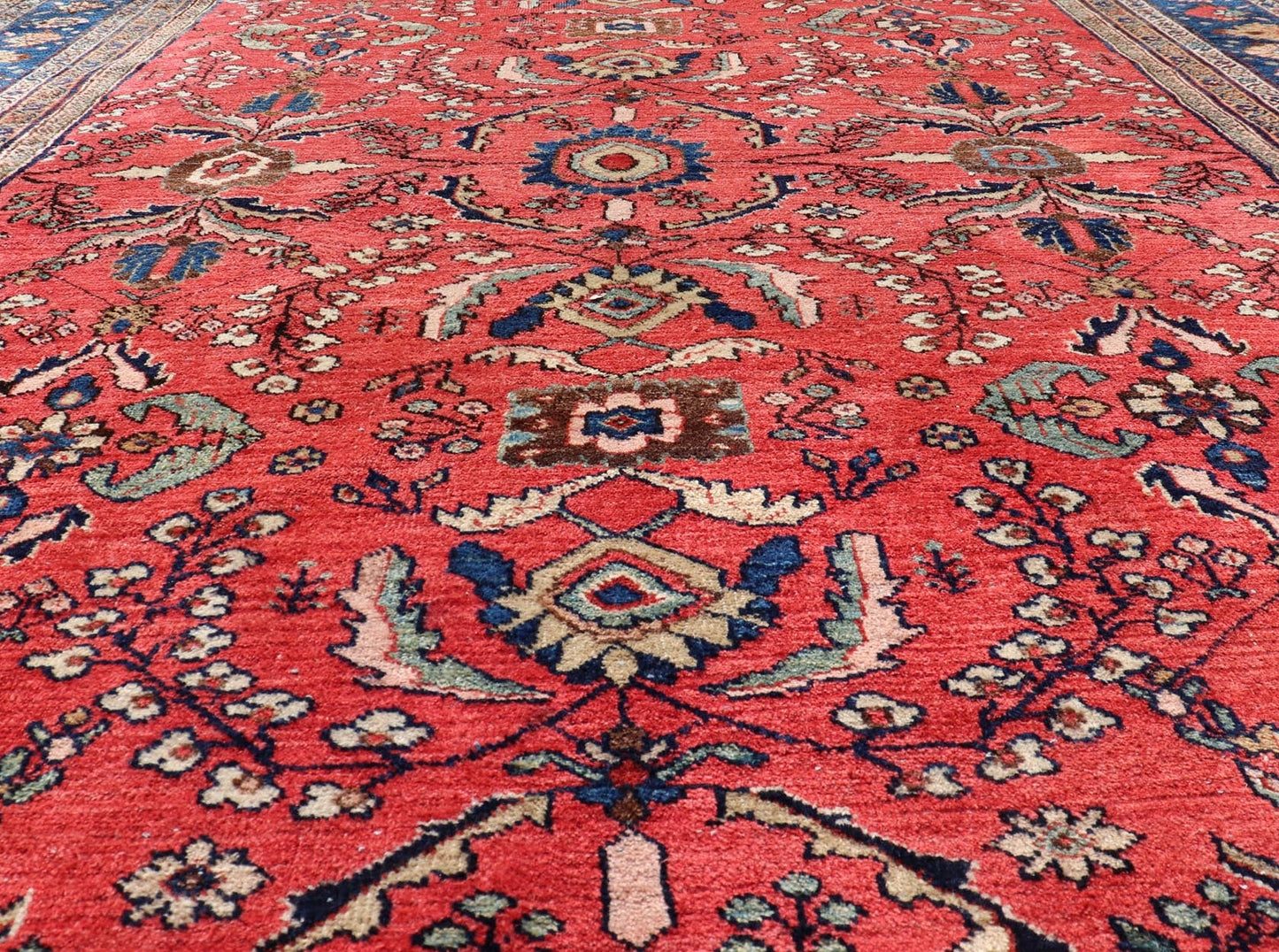 Antique Hand Knotted Persian Mahal Sultanabad rug with All - Over Florals On soft Red Filed and Royal blue border. Antique Hand Knotted Persian Mahal Sultanabad rug. Keivan Woven Arts/ rug/ W22 - 0804, country of origin / type: Iran / Mahal, circa 1... - Keivan Woven ArtsW22 - 0804 - 21559Rug