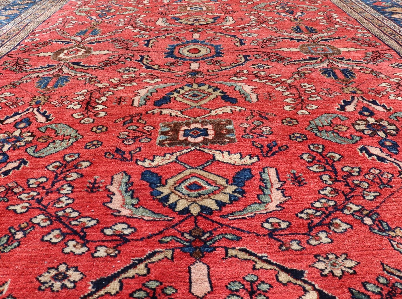 Antique Hand Knotted Persian Mahal Sultanabad rug with All - Over Florals On soft Red Filed and Royal blue border. Antique Hand Knotted Persian Mahal Sultanabad rug. Keivan Woven Arts/ rug/ W22 - 0804, country of origin / type: Iran / Mahal, circa 1... - Keivan Woven ArtsW22 - 0804 - 21559Rug