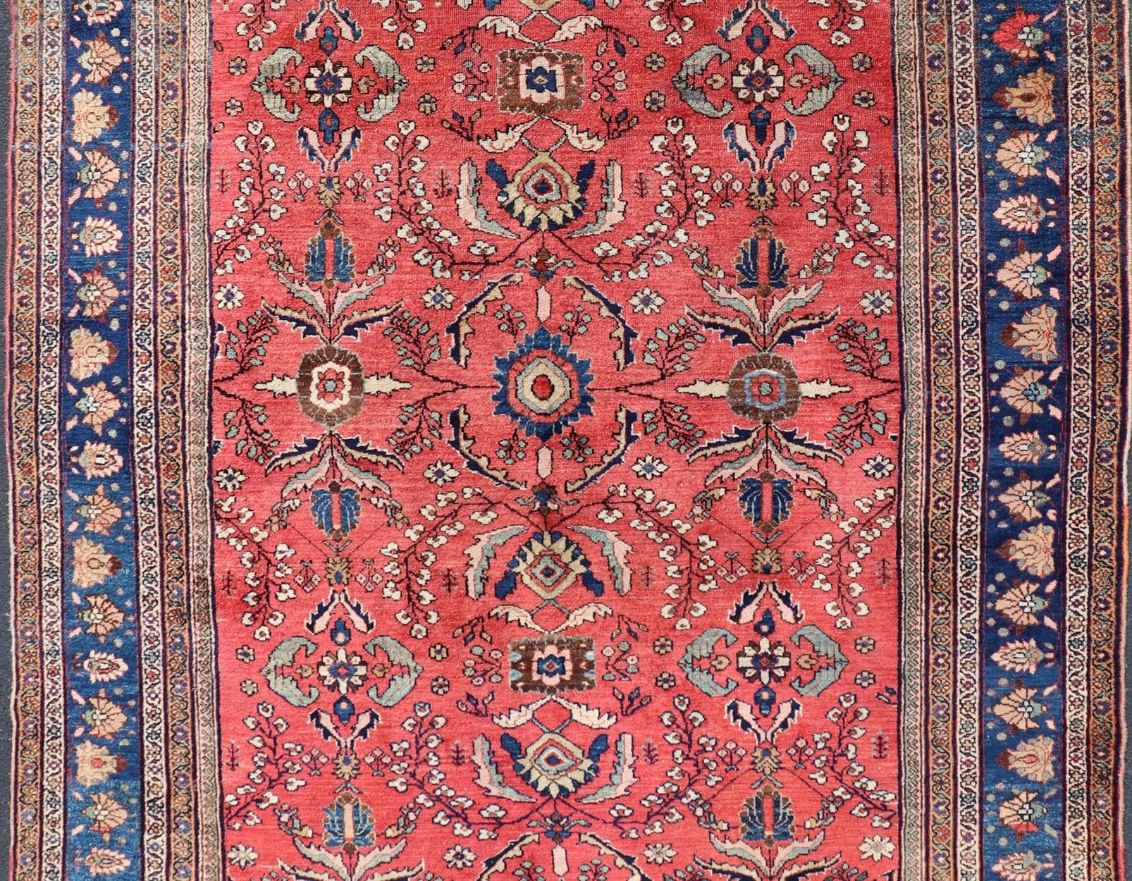 Antique Hand Knotted Persian Mahal Sultanabad rug with All - Over Florals On soft Red Filed and Royal blue border. Antique Hand Knotted Persian Mahal Sultanabad rug. Keivan Woven Arts/ rug/ W22 - 0804, country of origin / type: Iran / Mahal, circa 1... - Keivan Woven ArtsW22 - 0804 - 21559Rug