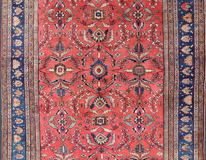 Antique Hand Knotted Persian Mahal Sultanabad rug with All - Over Florals On soft Red Filed and Royal blue border. Antique Hand Knotted Persian Mahal Sultanabad rug. Keivan Woven Arts/ rug/ W22 - 0804, country of origin / type: Iran / Mahal, circa 1... - Keivan Woven ArtsW22 - 0804 - 21559Rug