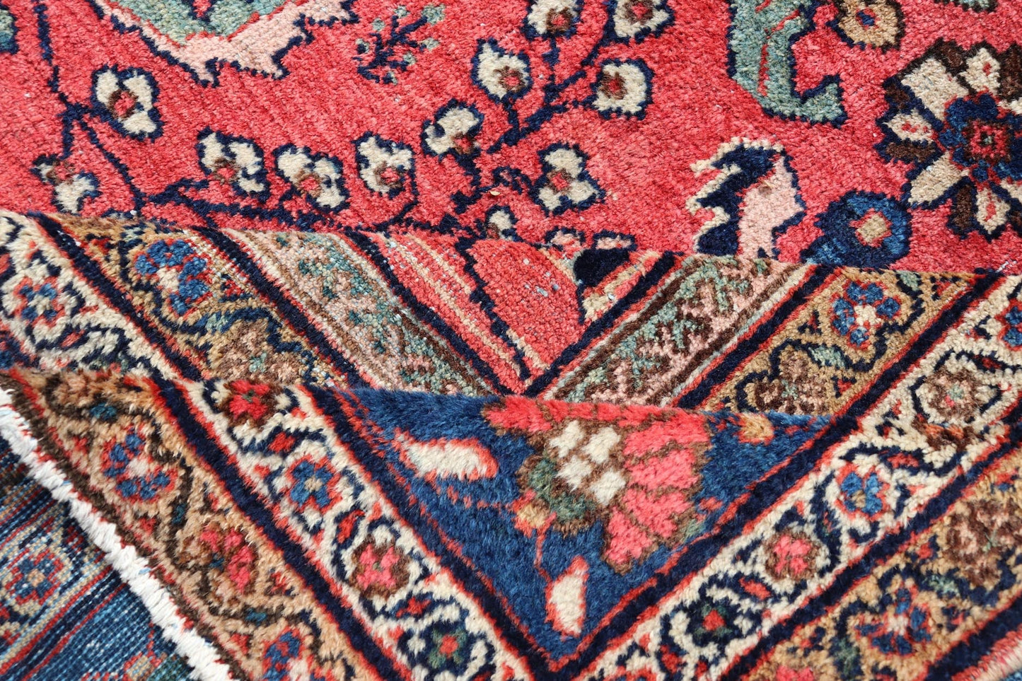 Antique Hand Knotted Persian Mahal Sultanabad rug with All - Over Florals On soft Red Filed and Royal blue border. Antique Hand Knotted Persian Mahal Sultanabad rug. Keivan Woven Arts/ rug/ W22 - 0804, country of origin / type: Iran / Mahal, circa 1... - Keivan Woven ArtsW22 - 0804 - 21559Rug