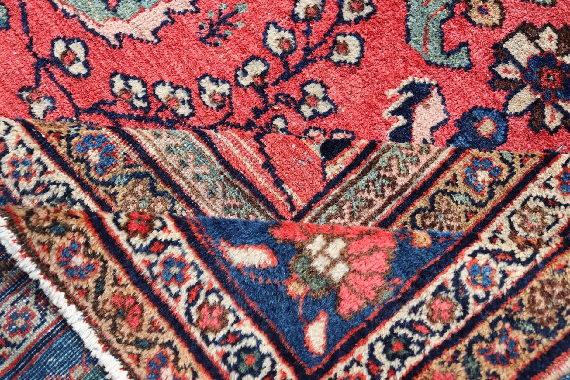 Antique Hand Knotted Persian Mahal Sultanabad rug with All - Over Florals On soft Red Filed and Royal blue border. Antique Hand Knotted Persian Mahal Sultanabad rug. Keivan Woven Arts/ rug/ W22 - 0804, country of origin / type: Iran / Mahal, circa 1... - Keivan Woven ArtsW22 - 0804 - 21559Rug
