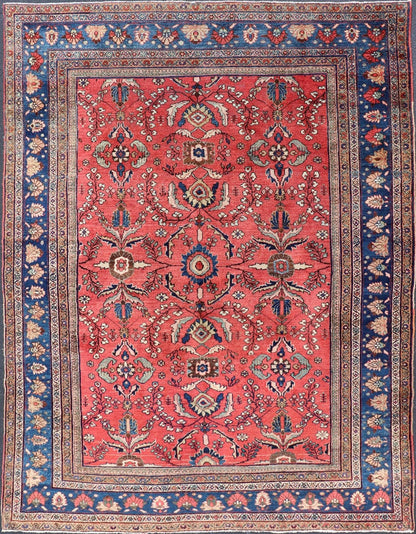 Antique Hand Knotted Persian Mahal Sultanabad rug with All - Over Florals On soft Red Filed and Royal blue border. Antique Hand Knotted Persian Mahal Sultanabad rug. Keivan Woven Arts/ rug/ W22 - 0804, country of origin / type: Iran / Mahal, circa 1... - Keivan Woven ArtsW22 - 0804 - 21559Rug