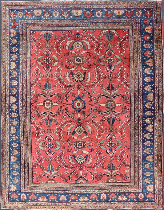 Antique Hand Knotted Persian Mahal Sultanabad rug with All - Over Florals On soft Red Filed and Royal blue border. Antique Hand Knotted Persian Mahal Sultanabad rug. Keivan Woven Arts/ rug/ W22 - 0804, country of origin / type: Iran / Mahal, circa 1... - Keivan Woven ArtsW22 - 0804 - 21559Rug