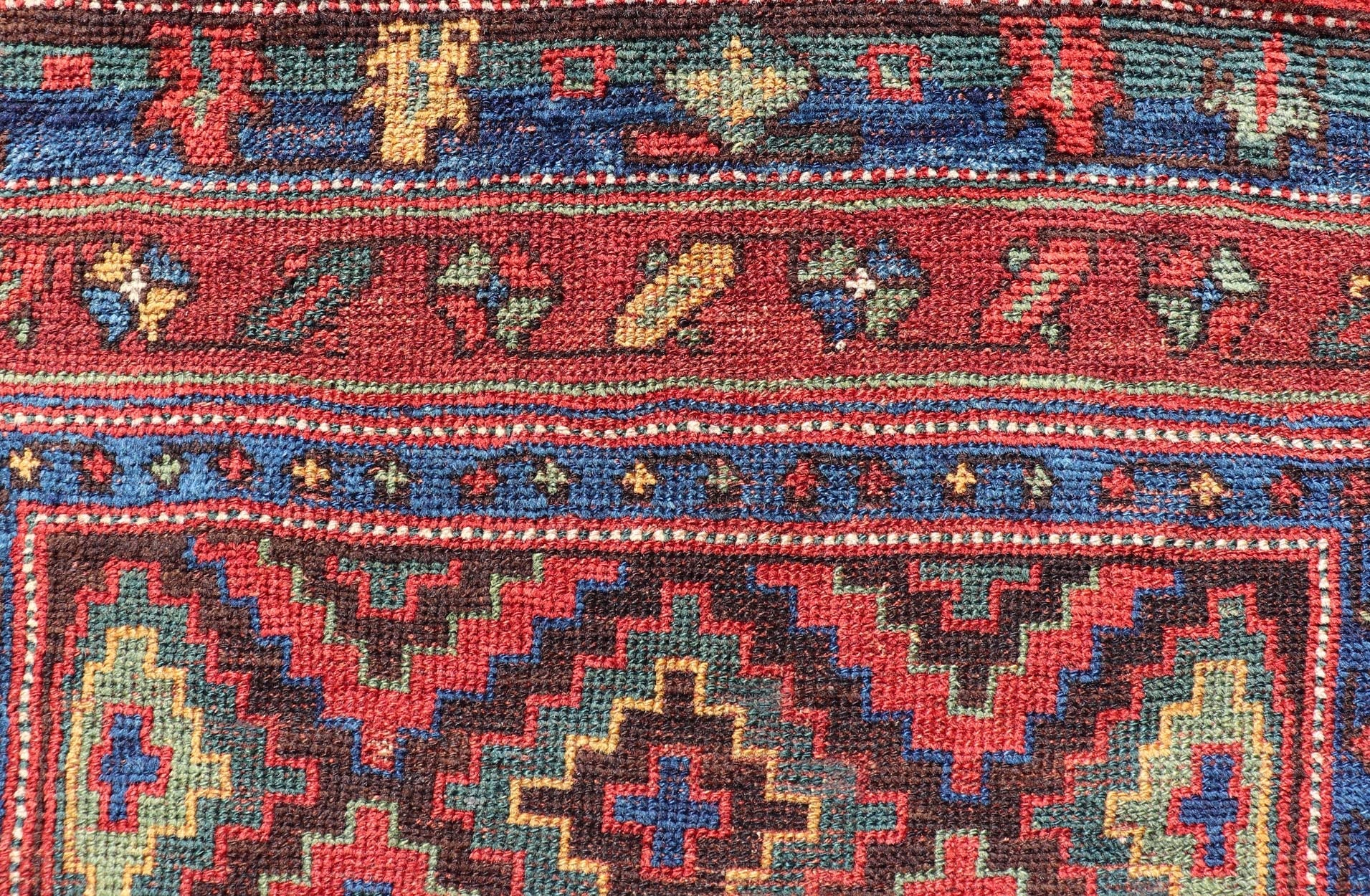 Mid 19th Century Sauj Bulak Kurd Carpet in soft Colors and Diamond Shapes. Antique Tribal Kurdish Rug With All - Over Tribal Motifs in Bright Colors. Keivan Woven Arts / rug/ W22 - 1004 country of origin / type: Persian / Kurdish, circa Mid - 19th Ce... - Keivan Woven ArtsW22 - 1004 - 22584Rug