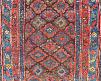 Mid 19th Century Sauj Bulak Kurd Carpet in soft Colors and Diamond Shapes. Antique Tribal Kurdish Rug With All - Over Tribal Motifs in Bright Colors. Keivan Woven Arts / rug/ W22 - 1004 country of origin / type: Persian / Kurdish, circa Mid - 19th Ce... - Keivan Woven ArtsW22 - 1004 - 22584Rug