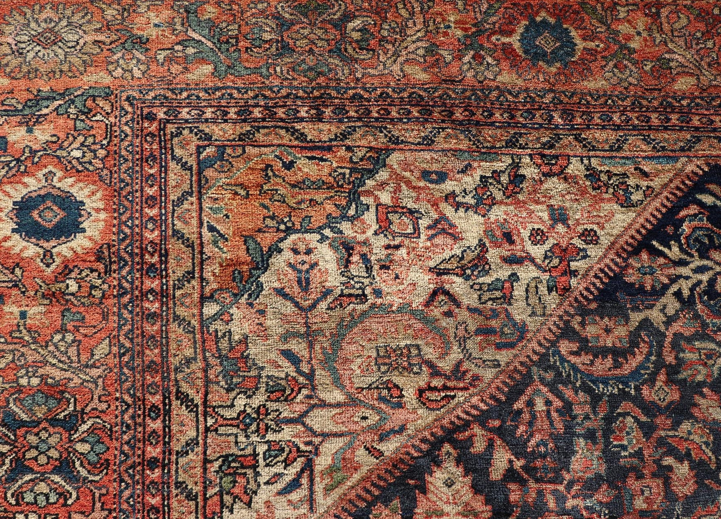 Antique Persian Sultanabad Rug in Herati Design with Ivory, Red, Blue & Green in medallion Design. Antique Persian Sultanabad Rug in Herati Design. Country of Origin: Iran; Type: Sultanabad; Design: Floral, Floral Medallion, All - Over; Keivan Wo... - Keivan Woven ArtsW22 - 1102 - 21657Rug
