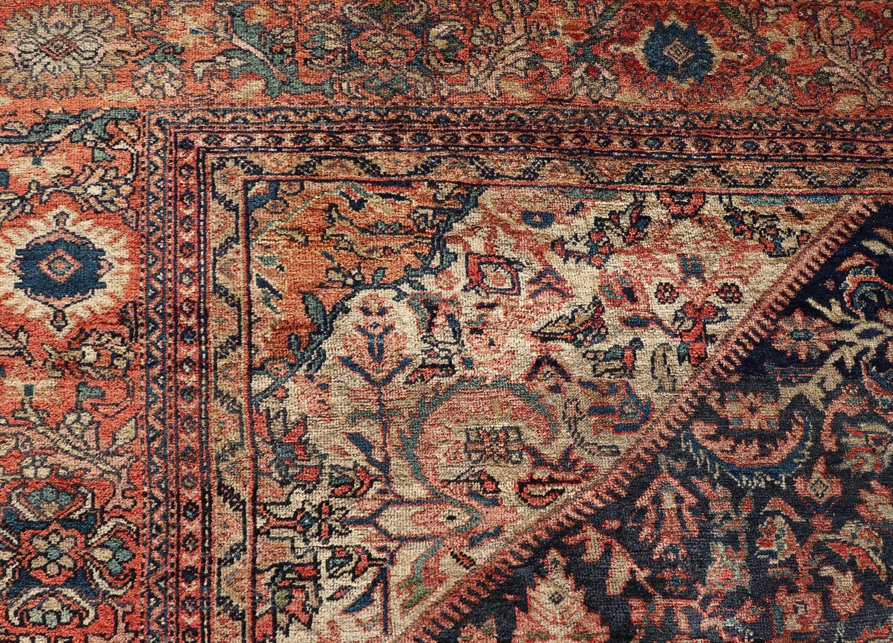 Antique Persian Sultanabad Rug in Herati Design with Ivory, Red, Blue & Green in medallion Design. Antique Persian Sultanabad Rug in Herati Design. Country of Origin: Iran; Type: Sultanabad; Design: Floral, Floral Medallion, All - Over; Keivan Wo... - Keivan Woven ArtsW22 - 1102 - 21657Rug
