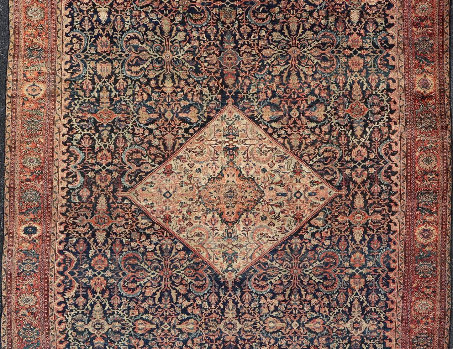 Antique Persian Sultanabad Rug in Herati Design with Ivory, Red, Blue & Green in medallion Design. Antique Persian Sultanabad Rug in Herati Design. Country of Origin: Iran; Type: Sultanabad; Design: Floral, Floral Medallion, All - Over; Keivan Wo... - Keivan Woven ArtsW22 - 1102 - 21657Rug
