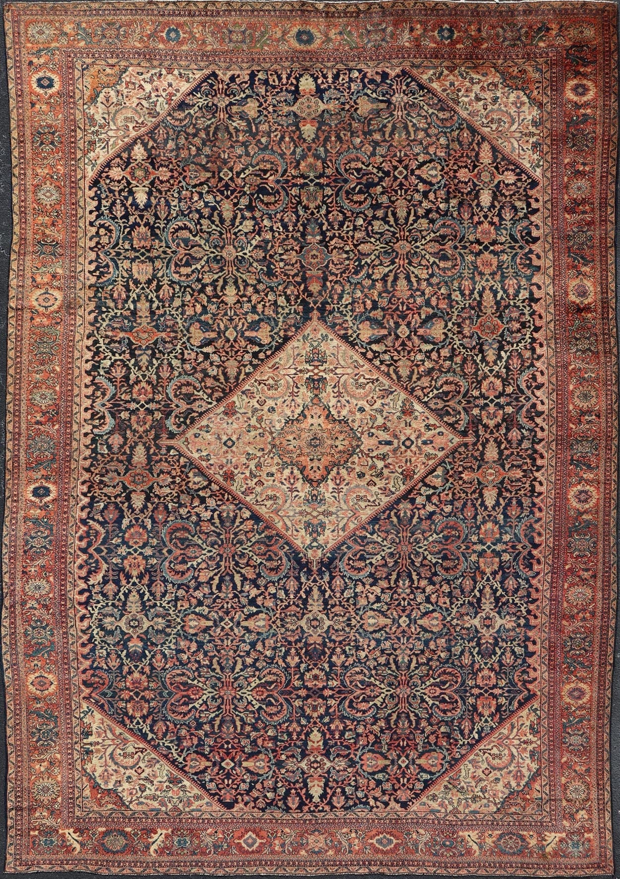 Antique Persian Sultanabad Rug in Herati Design with Ivory, Red, Blue & Green in medallion Design. Antique Persian Sultanabad Rug in Herati Design. Country of Origin: Iran; Type: Sultanabad; Design: Floral, Floral Medallion, All - Over; Keivan Wo... - Keivan Woven ArtsW22 - 1102 - 21657Rug