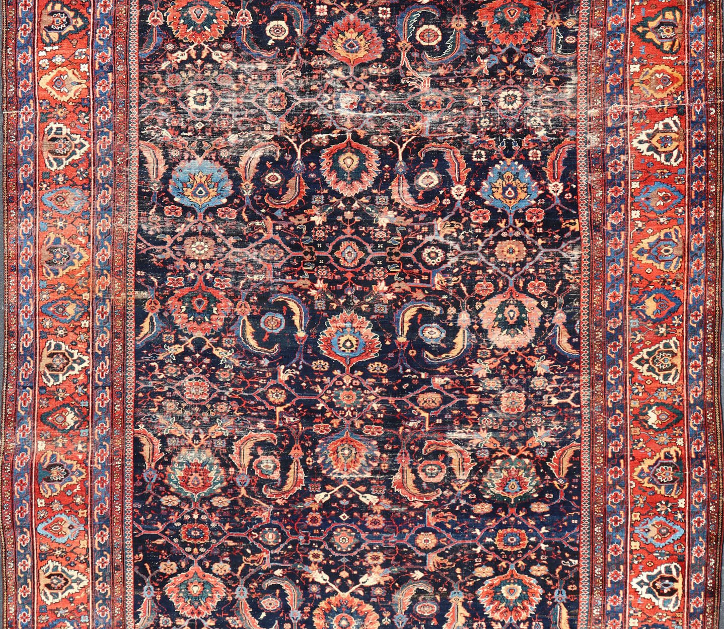 Measures: 13'8 x 18'0 Antique Persian Sultanabad - Mahal Rug with Dark Navy Field and Multi Colors. Keivan Woven Arts / rug W22 - 1103, country of origin / type: Iran / Sultanabad, circa 1880s This antique Persian Sultanabad Mahal rug (circa 1880s) ... - Keivan Woven ArtsW22 - 1103 - 21663Rug