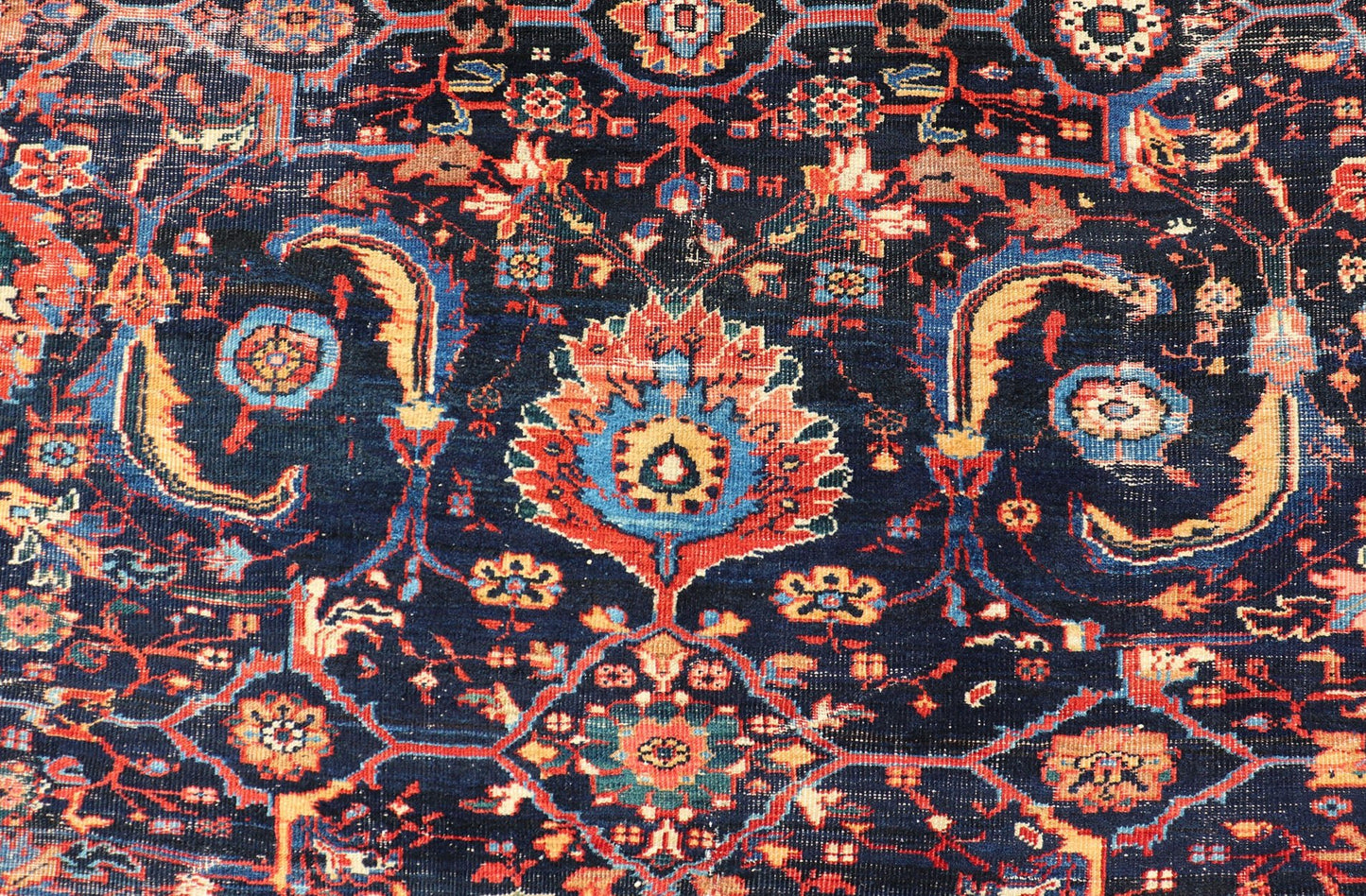 Measures: 13'8 x 18'0 Antique Persian Sultanabad - Mahal Rug with Dark Navy Field and Multi Colors. Keivan Woven Arts / rug W22 - 1103, country of origin / type: Iran / Sultanabad, circa 1880s This antique Persian Sultanabad Mahal rug (circa 1880s) ... - Keivan Woven ArtsW22 - 1103 - 21663Rug