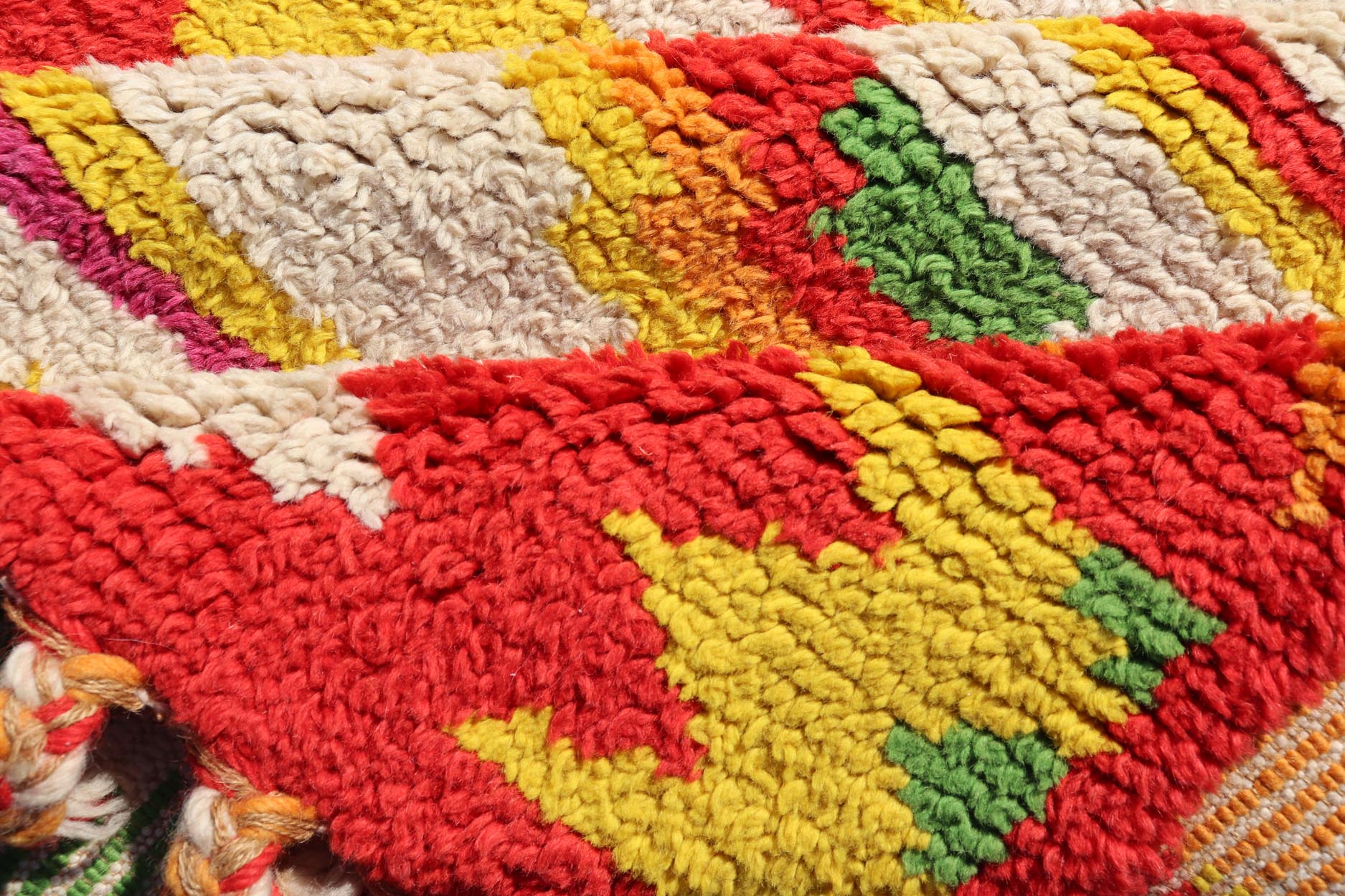 Vintage Moroccan Rug with All - Over Tribal Motif Design In Red, Green & Yellow. Keivan Woven Arts / rug W22 - 1200, country of origin / type: Morocco / Tribal, circa mid - 20th century. Measures: 5'10 x 8'11 This Moroccan rug has an all - over motif ge... - Keivan Woven ArtsW22 - 1200 - 22638Rug