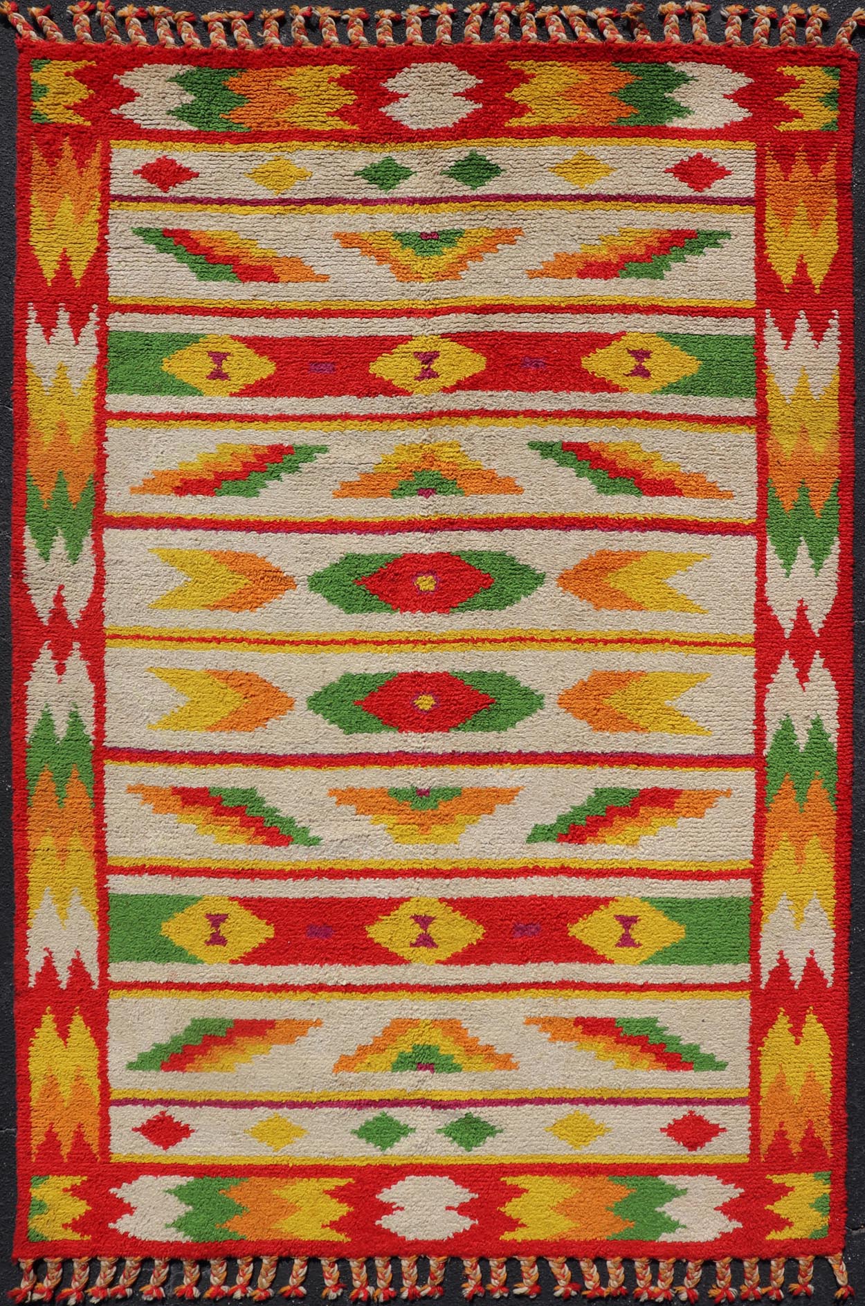 Vintage Moroccan Rug with All - Over Tribal Motif Design In Red, Green & Yellow. Keivan Woven Arts / rug W22 - 1200, country of origin / type: Morocco / Tribal, circa mid - 20th century. Measures: 5'10 x 8'11 This Moroccan rug has an all - over motif ge... - Keivan Woven ArtsW22 - 1200 - 22638Rug