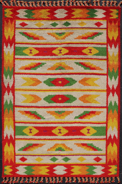 Vintage Moroccan Rug with All - Over Tribal Motif Design In Red, Green & Yellow. Keivan Woven Arts / rug W22 - 1200, country of origin / type: Morocco / Tribal, circa mid - 20th century. Measures: 5'10 x 8'11 This Moroccan rug has an all - over motif ge... - Keivan Woven ArtsW22 - 1200 - 22638Rug