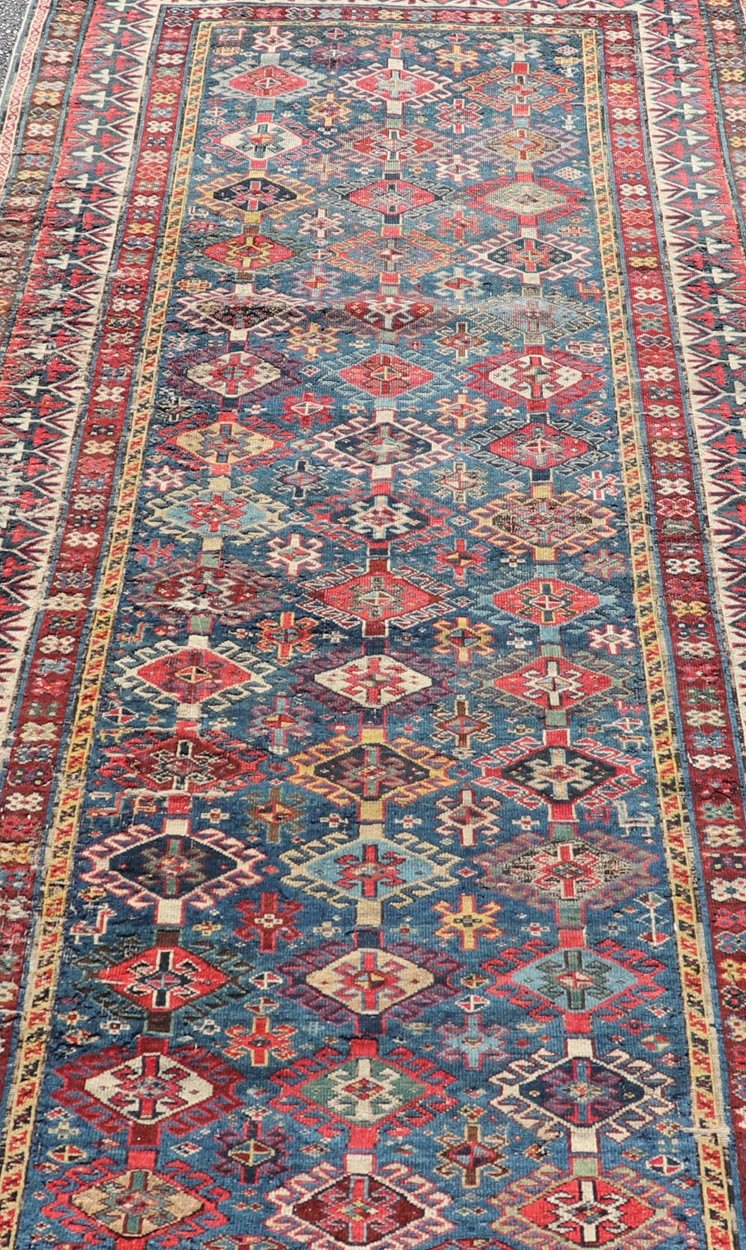 Antique Fine Caucasian Shirvan Rug in Blue with Repeating Tribal Design. Finely Woven Antique Caucasian Shirvan Rug in Blue with All - Over repeating diamond and other Tribal elements. Keivan Woven Arts / rug W22 - 1202, country of origin / type: Caucasus ... - Keivan Woven ArtsW22 - 1202 - 22650