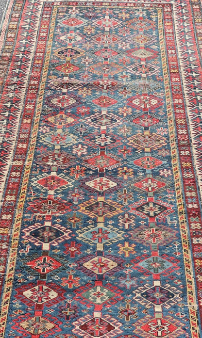 Antique Fine Caucasian Shirvan Rug in Blue with Repeating Tribal Design. Finely Woven Antique Caucasian Shirvan Rug in Blue with All - Over repeating diamond and other Tribal elements. Keivan Woven Arts / rug W22 - 1202, country of origin / type: Caucasus ... - Keivan Woven ArtsW22 - 1202 - 22650