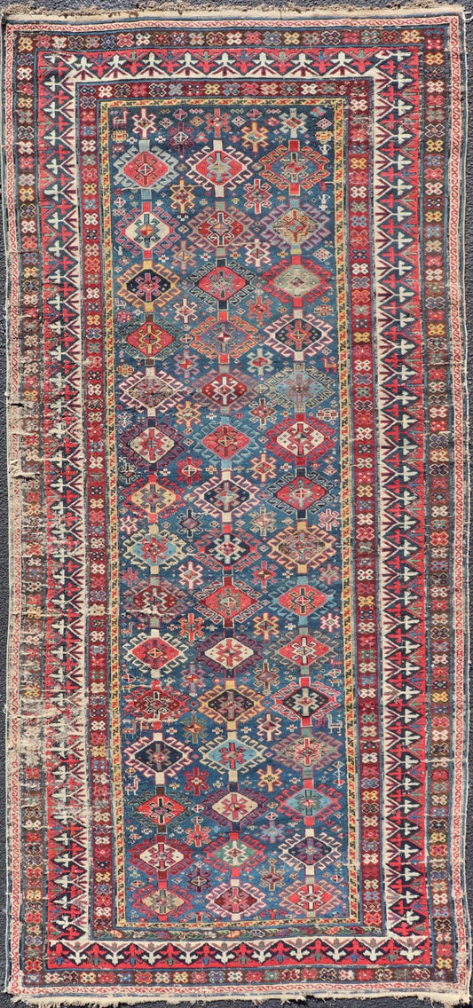 Antique Fine Caucasian Shirvan Rug in Blue with Repeating Tribal Design. Finely Woven Antique Caucasian Shirvan Rug in Blue with All - Over repeating diamond and other Tribal elements. Keivan Woven Arts / rug W22 - 1202, country of origin / type: Caucasus ... - Keivan Woven ArtsW22 - 1202 - 22650