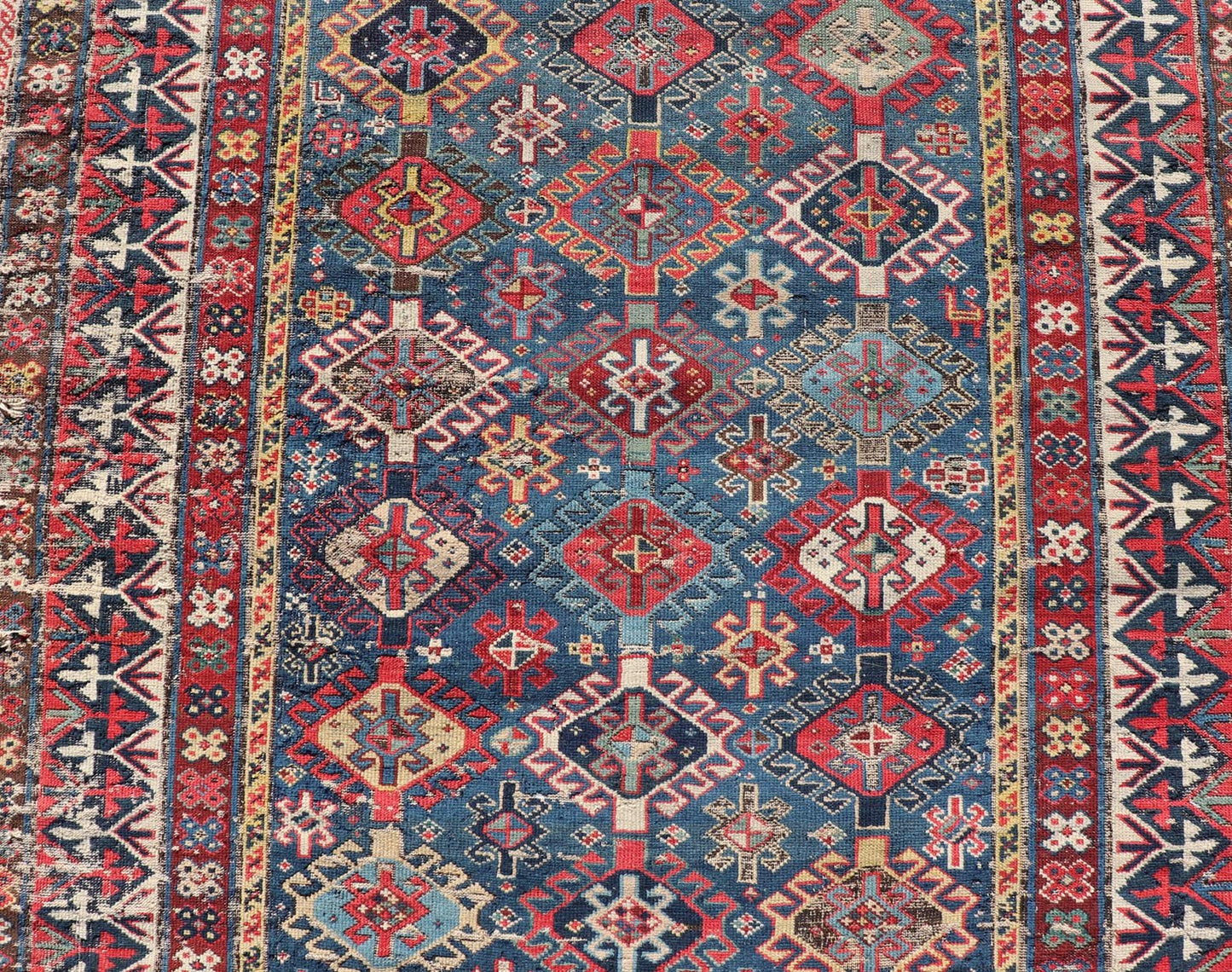 Antique Fine Caucasian Shirvan Rug in Blue with Repeating Tribal Design. Finely Woven Antique Caucasian Shirvan Rug in Blue with All - Over repeating diamond and other Tribal elements. Keivan Woven Arts / rug W22 - 1202, country of origin / type: Caucasus ... - Keivan Woven ArtsW22 - 1202 - 22650