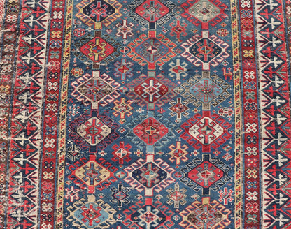 Antique Fine Caucasian Shirvan Rug in Blue with Repeating Tribal Design. Finely Woven Antique Caucasian Shirvan Rug in Blue with All - Over repeating diamond and other Tribal elements. Keivan Woven Arts / rug W22 - 1202, country of origin / type: Caucasus ... - Keivan Woven ArtsW22 - 1202 - 22650