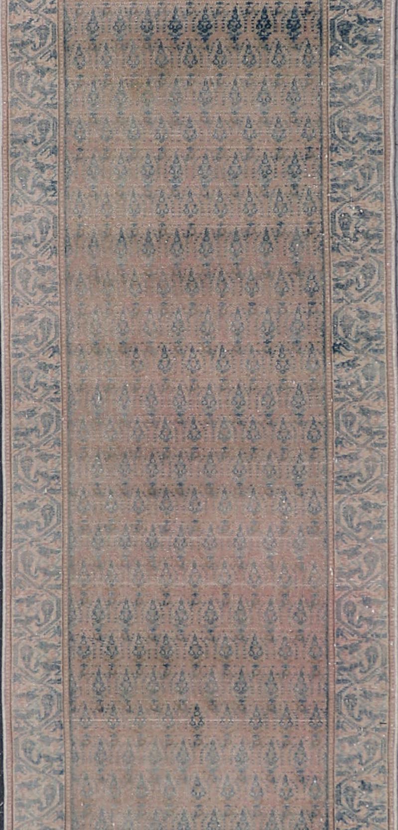 Measures: 2'6 x 18'8 Seraband Runner with Intricate Pattern in Light Blue by Keivan Woven Arts. Keivan Woven Arts / rug / W22 - 1203/ Iran Early 20th Century. A traditional Seraband runner, known for its refined elegance and intricate... - Keivan Woven ArtsW22 - 1203 - 22656Rug