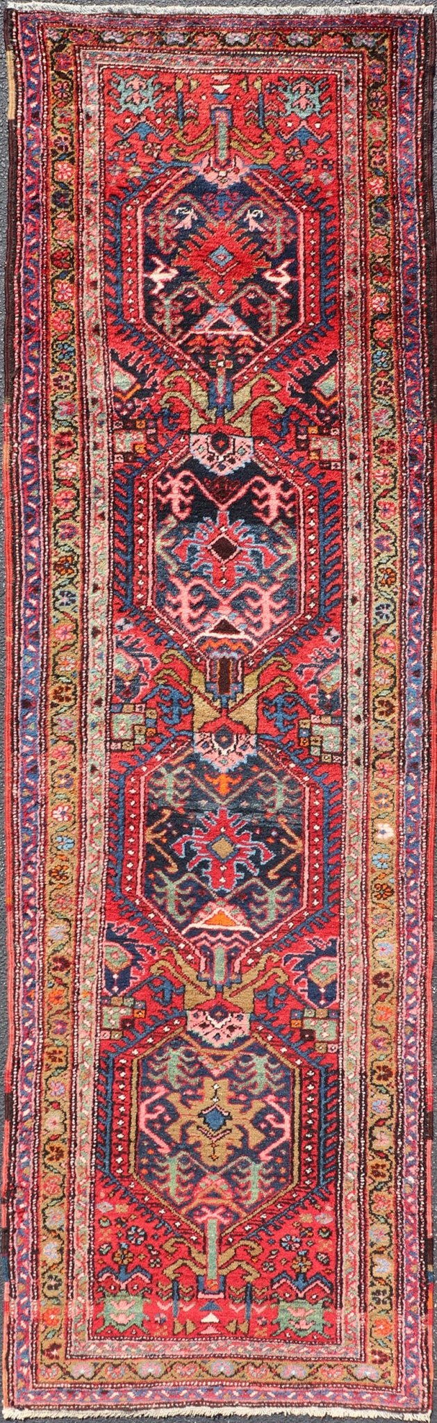 Measures: 2'11 x 10'5 Persian Antique Heriz Runner with All - Over Sub - Geometric Medallion Design. Keivan Woven Arts / rug W22 - 1204, country of origin / type: Persian / Heriz, circa Early - 20th Century. This Antique Persian Heriz runner features a ... - Keivan Woven ArtsW22 - 1204 - 22662