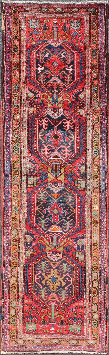Measures: 2'11 x 10'5 Persian Antique Heriz Runner with All - Over Sub - Geometric Medallion Design. Keivan Woven Arts / rug W22 - 1204, country of origin / type: Persian / Heriz, circa Early - 20th Century. This Antique Persian Heriz runner features a ... - Keivan Woven ArtsW22 - 1204 - 22662
