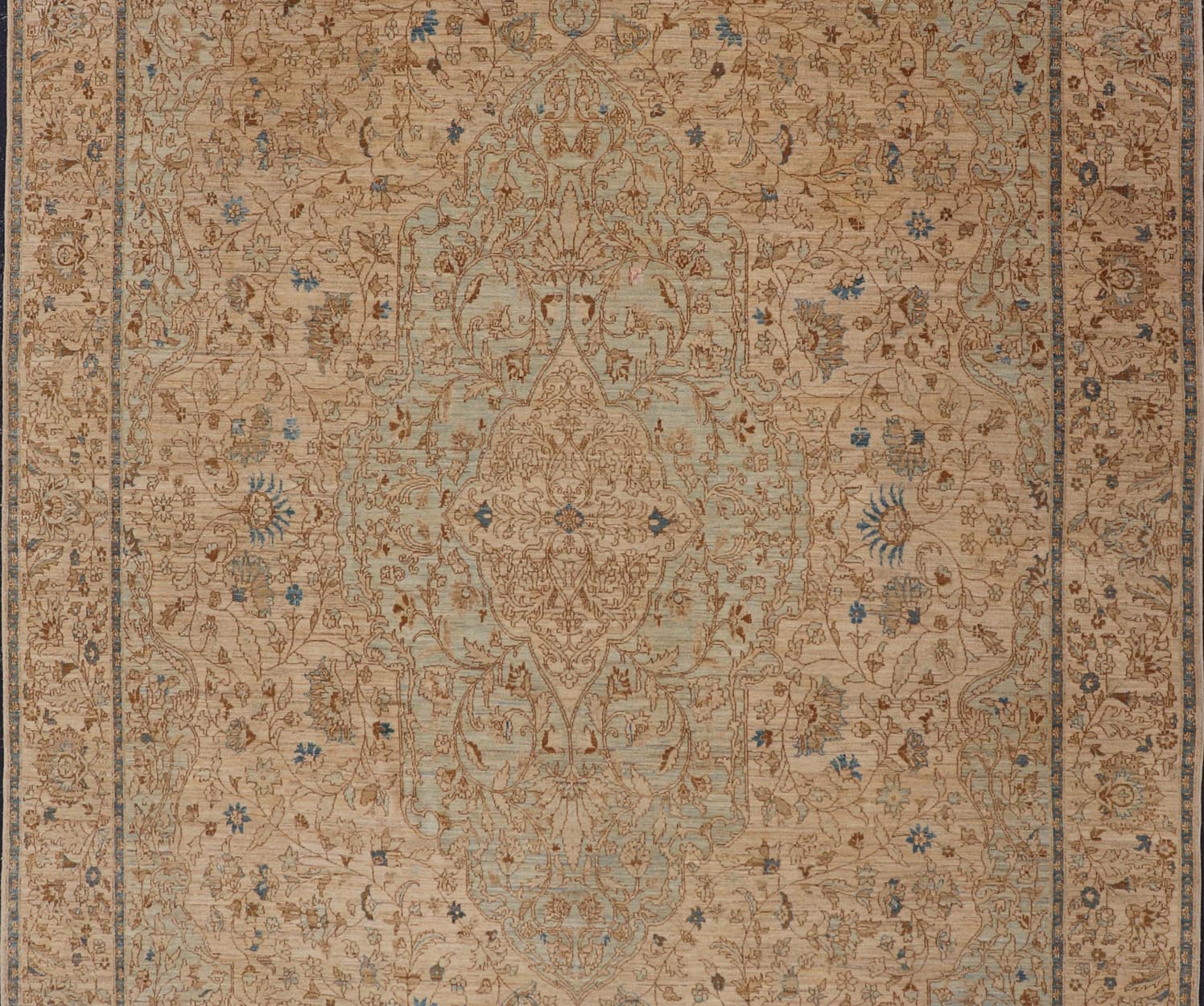 This very finely woven transitional rug, made in Turkey, is inspired by Haj Jalili Tabriz of 19th century. The light colors include cream color field and light blue highlights. Circa 1980's 9'5 x 13'5 - Keivan Woven ArtsWL - 214815 - 1193Rug