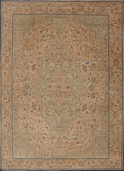 This very finely woven transitional rug, made in Turkey, is inspired by Haj Jalili Tabriz of 19th century. The light colors include cream color field and light blue highlights. Circa 1980's 9'5 x 13'5 - Keivan Woven ArtsWL - 214815 - 1193Rug
