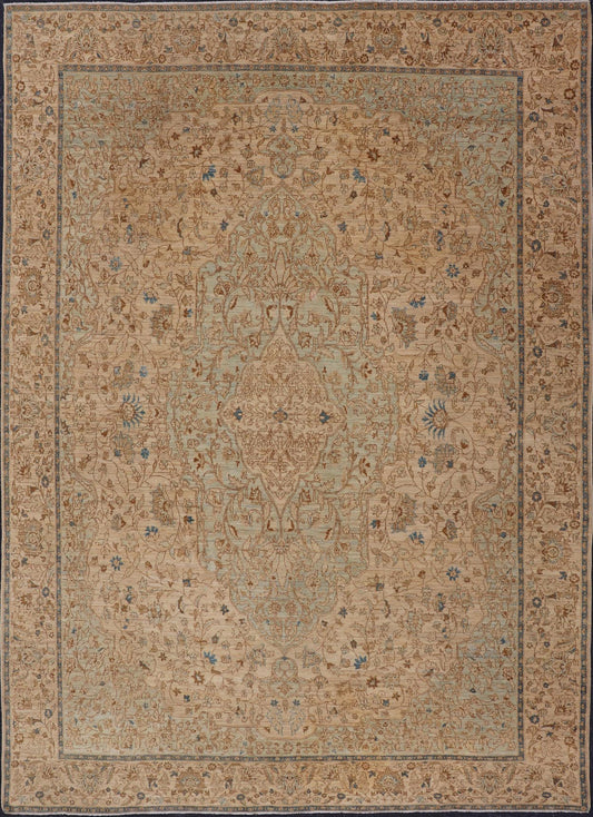This very finely woven transitional rug, made in Turkey, is inspired by Haj Jalili Tabriz of 19th century. The light colors include cream color field and light blue highlights. Circa 1980's 9'5 x 13'5 - Keivan Woven ArtsWL - 214815 - 1193Rug