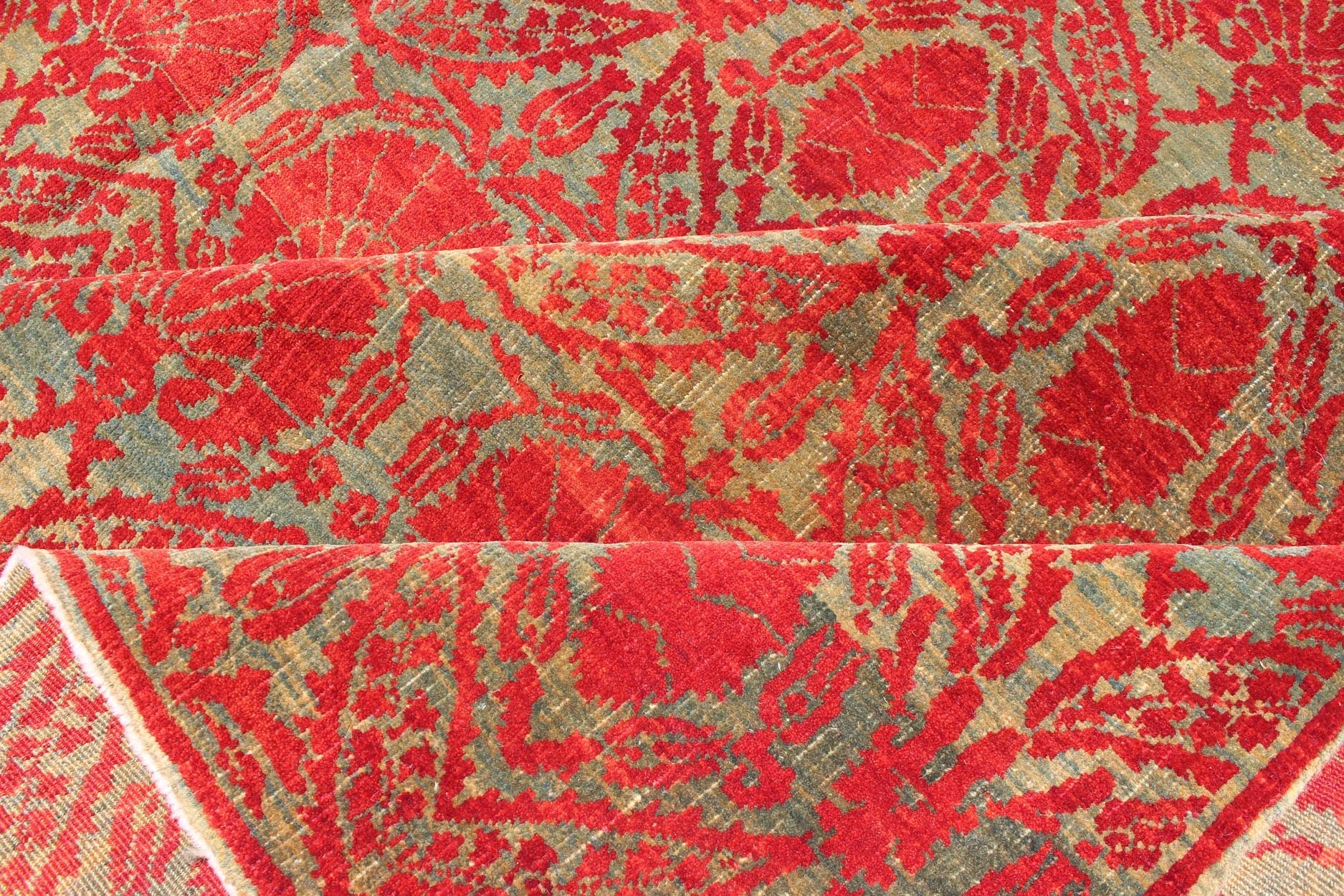 Measures: 9'11 x 13'0. Green and red vintage Turkish tribal ottoman rug with repeating design. Keivan Woven Arts / rug WL - 269742, country of origin / type: Turkey / Ottoman, circa 1990 Handwoven in Turkey, this one - of - a - kind vintage Ottoman r... - Keivan Woven ArtsWL - 269742 - 1969Rug