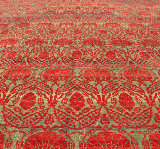 Measures: 9'11 x 13'0. Green and red vintage Turkish tribal ottoman rug with repeating design. Keivan Woven Arts / rug WL - 269742, country of origin / type: Turkey / Ottoman, circa 1990 Handwoven in Turkey, this one - of - a - kind vintage Ottoman r... - Keivan Woven ArtsWL - 269742 - 1969Rug