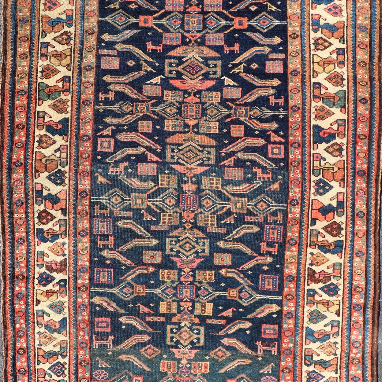 Antique Kurdish Rug With All - Over Geometric Design on a Blue Background. Country of Origin: Iran; Type: Kurdish; Design: Tribal, Floral, Tribal Motif; Keivan Woven Arts: Rug X23 - 0103. Measures: 4'6 x 8'0 This antique rug from Persia features ge... - Keivan Woven ArtsX23 - 0103 - 24211Rug