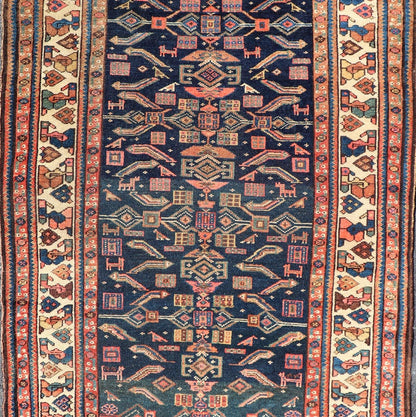 Antique Kurdish Rug With All - Over Geometric Design on a Blue Background. Country of Origin: Iran; Type: Kurdish; Design: Tribal, Floral, Tribal Motif; Keivan Woven Arts: Rug X23 - 0103. Measures: 4'6 x 8'0 This antique rug from Persia features ge... - Keivan Woven ArtsX23 - 0103 - 24211Rug