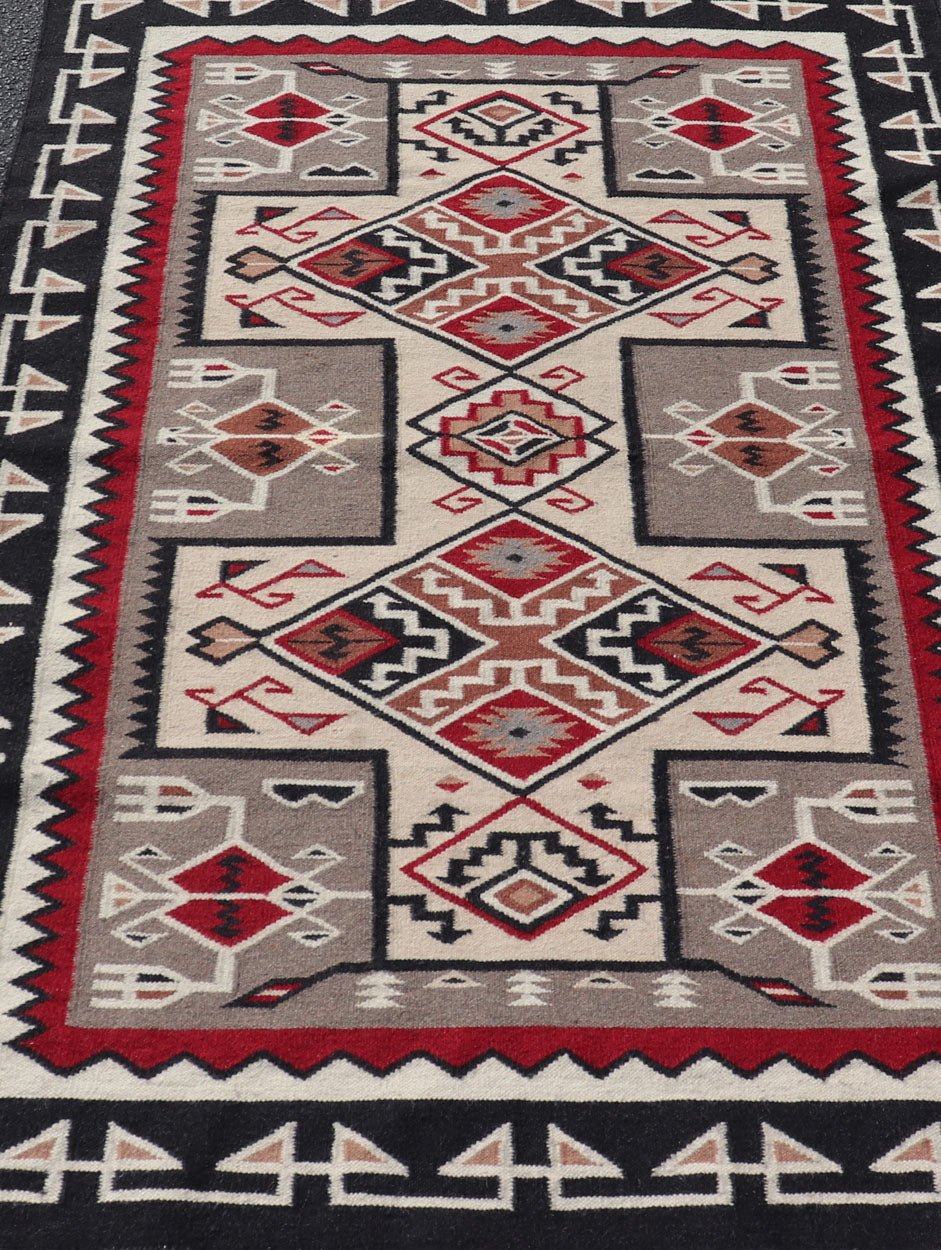 Vintage Hand Woven Navajo Design Rug with Geometric design in Gray, Ivory, Black, and Red Vintage Hand Woven Navajo Style Rug in Gray, Ivory, Black, and Red. Keivan Woven Arts/ rug/ X23 - 0104, country of origin / type: America / Navajo, circa 198... - Keivan Woven ArtsX23 - 0104 - 23181Rug