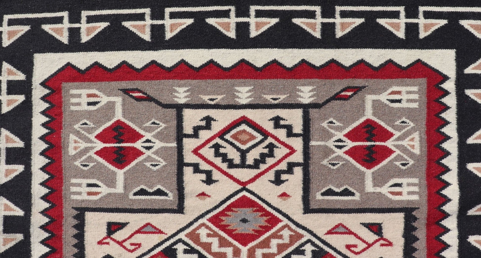 Vintage Hand Woven Navajo Design Rug with Geometric design in Gray, Ivory, Black, and Red Vintage Hand Woven Navajo Style Rug in Gray, Ivory, Black, and Red. Keivan Woven Arts/ rug/ X23 - 0104, country of origin / type: America / Navajo, circa 198... - Keivan Woven ArtsX23 - 0104 - 23181Rug