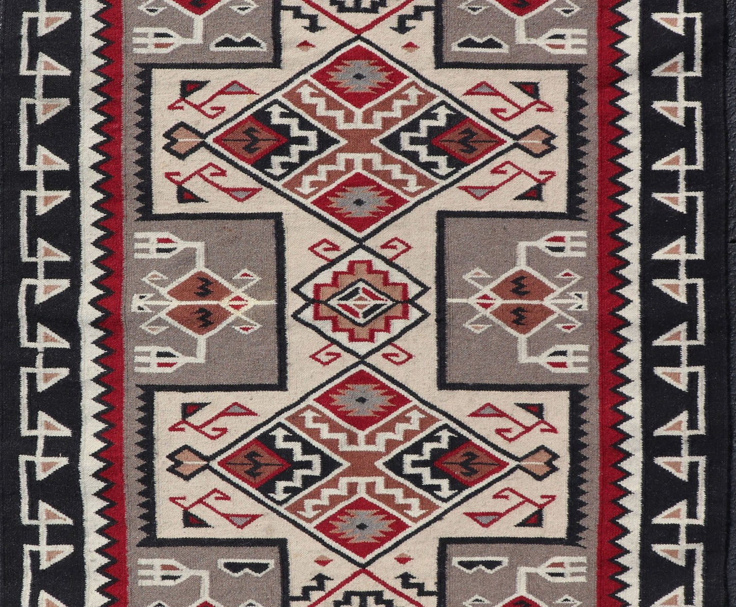 Vintage Hand Woven Navajo Design Rug with Geometric design in Gray, Ivory, Black, and Red Vintage Hand Woven Navajo Style Rug in Gray, Ivory, Black, and Red. Keivan Woven Arts/ rug/ X23 - 0104, country of origin / type: America / Navajo, circa 198... - Keivan Woven ArtsX23 - 0104 - 23181Rug