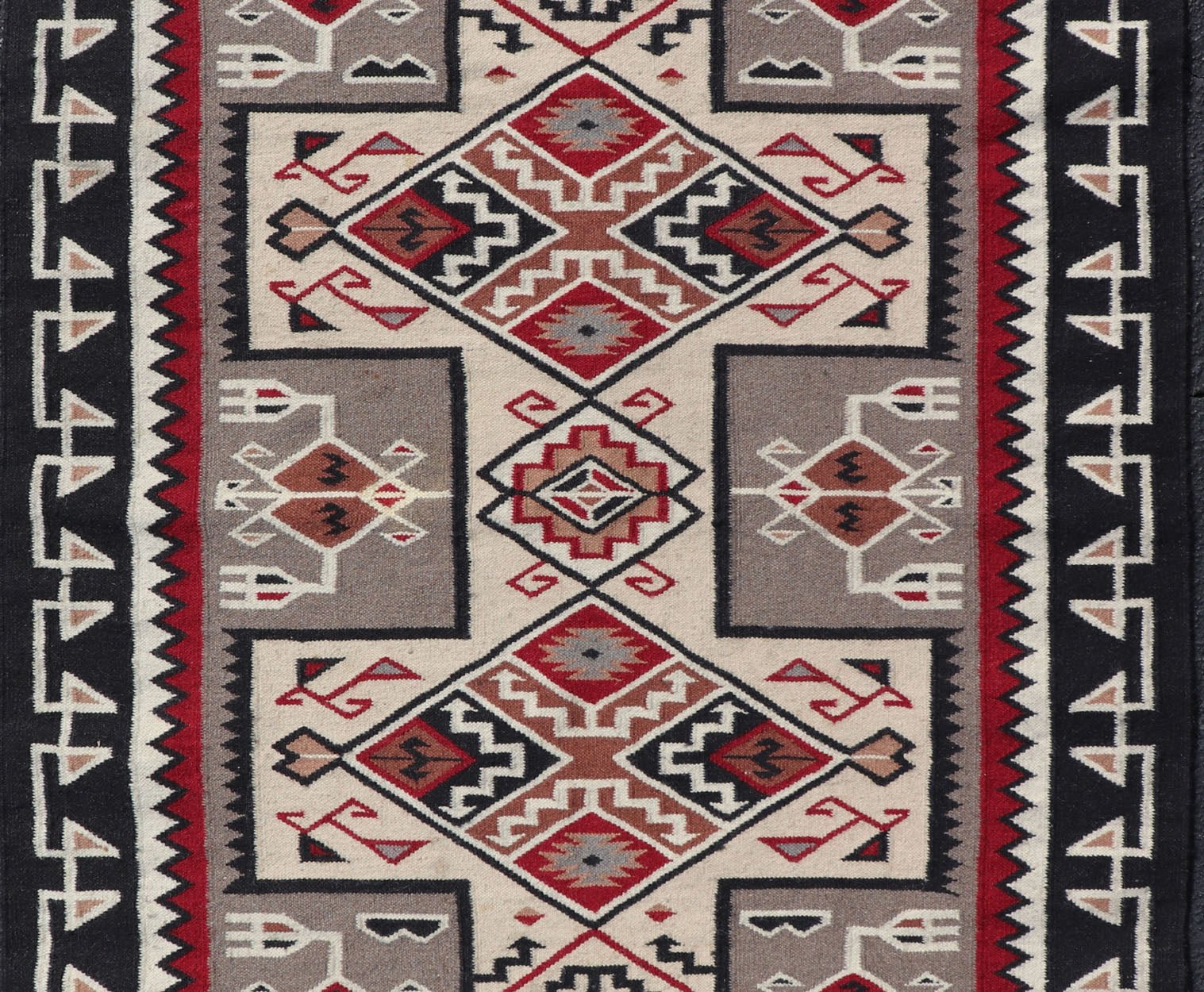 Vintage Hand Woven Navajo Design Rug with Geometric design in Gray, Ivory, Black, and Red Vintage Hand Woven Navajo Style Rug in Gray, Ivory, Black, and Red. Keivan Woven Arts/ rug/ X23 - 0104, country of origin / type: America / Navajo, circa 198... - Keivan Woven ArtsX23 - 0104 - 23181Rug