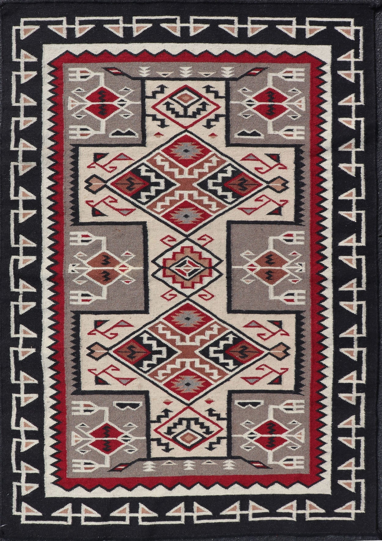 Vintage Hand Woven Navajo Design Rug with Geometric design in Gray, Ivory, Black, and Red Vintage Hand Woven Navajo Style Rug in Gray, Ivory, Black, and Red. Keivan Woven Arts/ rug/ X23 - 0104, country of origin / type: America / Navajo, circa 198... - Keivan Woven ArtsX23 - 0104 - 23181Rug