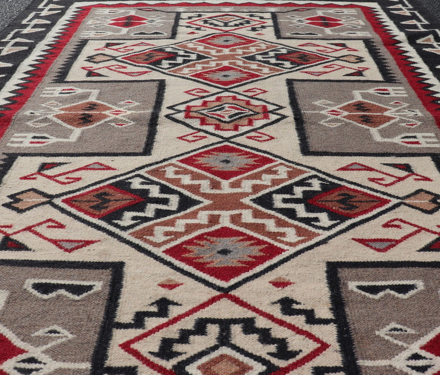 Vintage Hand Woven Navajo Design Rug with Geometric design in Gray, Ivory, Black, and Red Vintage Hand Woven Navajo Style Rug in Gray, Ivory, Black, and Red. Keivan Woven Arts/ rug/ X23 - 0104, country of origin / type: America / Navajo, circa 198... - Keivan Woven ArtsX23 - 0104 - 23181Rug