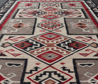 Vintage Hand Woven Navajo Design Rug with Geometric design in Gray, Ivory, Black, and Red Vintage Hand Woven Navajo Style Rug in Gray, Ivory, Black, and Red. Keivan Woven Arts/ rug/ X23 - 0104, country of origin / type: America / Navajo, circa 198... - Keivan Woven ArtsX23 - 0104 - 23181Rug