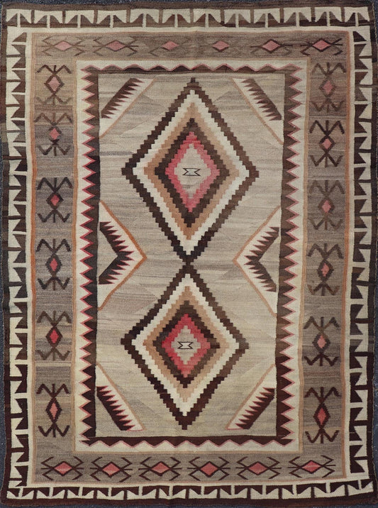 Vintage Large hand Woven Navajo Rug in Gray, Ivory, Black, Brown's, and Red. Keivan Woven Arts rug X23 - 0107, country of origin / type: America / Navajo, circa 1930 Measures: 4'4 x 6'3 This intriguing vintage Navajo rug was woven in the Navajo ar... - Keivan Woven ArtsX23 - 0107 - 23524