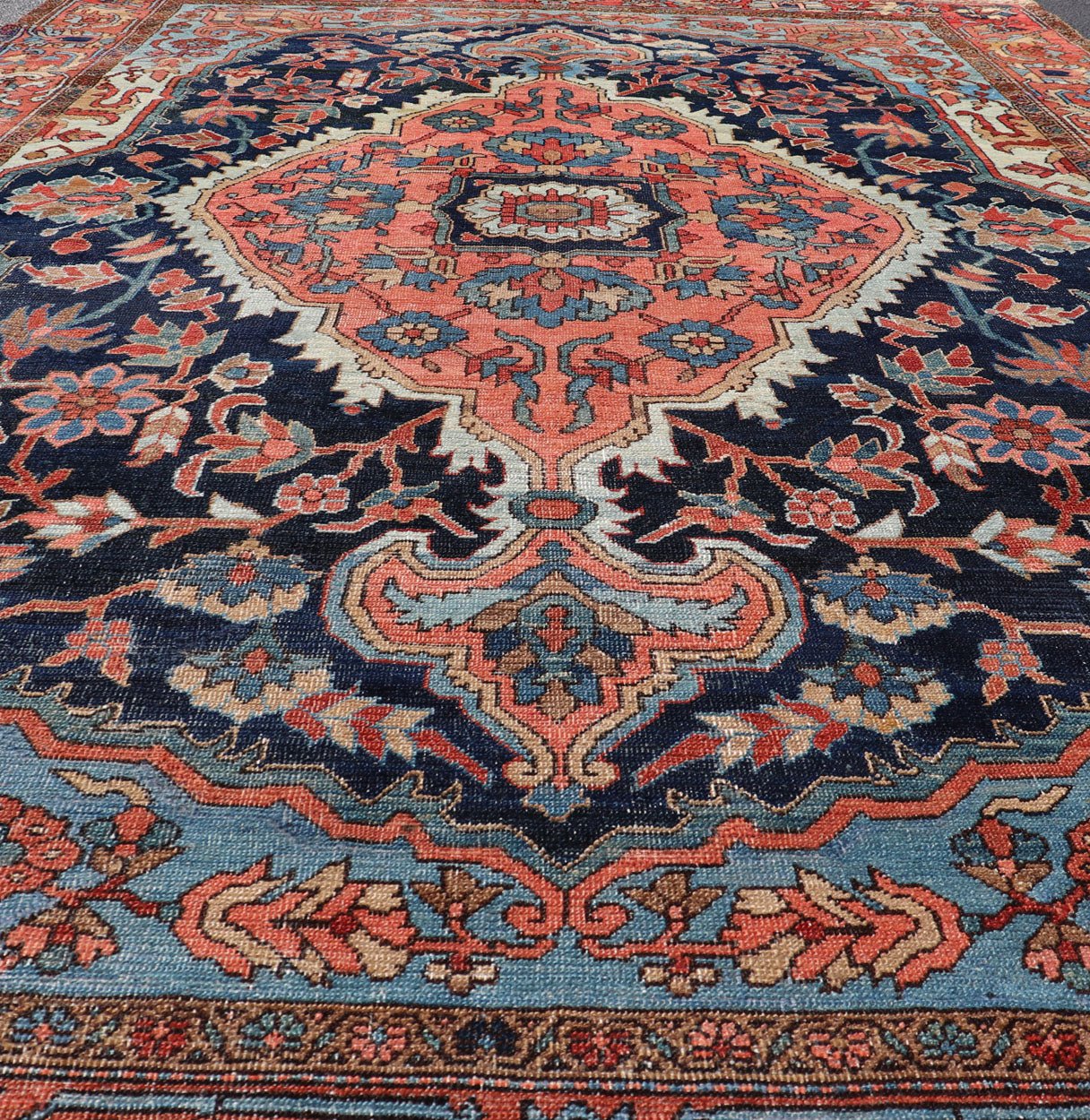 Antique Persian Serapi - Heriz Rug with Geometrics Design in Midnight Blue, light blue, terracotta Measures: 7'3 x 11'0 Antique Persian Heriz Rug with Sub - Geometric Layered Medallion Design and Geometric border. Keivan Woven Arts / rug X23... - Keivan Woven ArtsX23 - 0108 - 23456