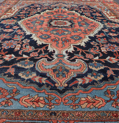 Antique Persian Serapi - Heriz Rug with Geometrics Design in Midnight Blue, light blue, terracotta Measures: 7'3 x 11'0 Antique Persian Heriz Rug with Sub - Geometric Layered Medallion Design and Geometric border. Keivan Woven Arts / rug X23... - Keivan Woven ArtsX23 - 0108 - 23456